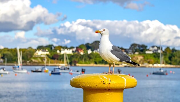A single seagull stands perched atop a yellow bollard at a waterfront. Boats dot the water; houses and foliage line the shore