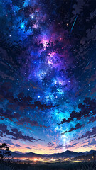 The sky glows with stars and colors, changing from sunset to deep night