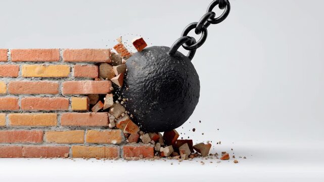 Wrecking ball swings through brick wall, shattering bricks and debris flying, showcasing powerful impact and destruction, camera follows motion with dynamic perspective and energy