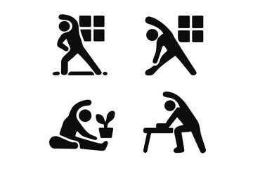 Four minimalist icons showing people performing various stretching and fitness exercises indoors