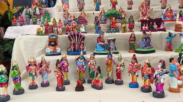 Dussehra display of handmade indian wooden toys duringt he celebration