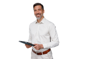 Smiling man standing and holding a digital tablet, conveying professionalism, success, and business expertise. Transparent background