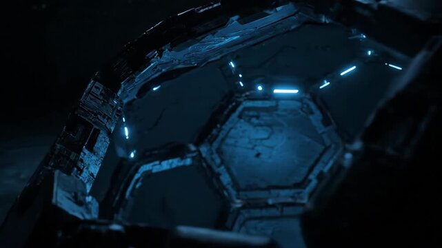 Slow cinematic dolly shot approaching a vast, complex hexagonal structure internally illuminated by a cool, ethereal light vision, high-tech, design