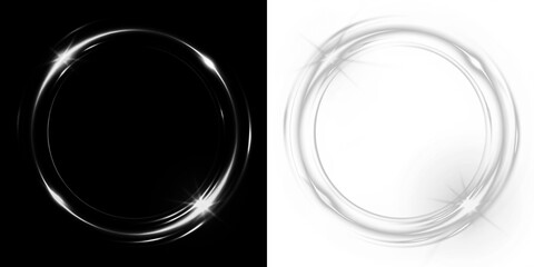 Circular light overlay with sparkling effects on contrasting backgrounds, creating a dynamic visual element for design projects and artistic compositions