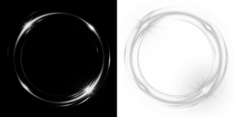 Circular light overlay with sparkling effects on contrasting backgrounds, creating a dynamic visual element for design projects and artistic compositions