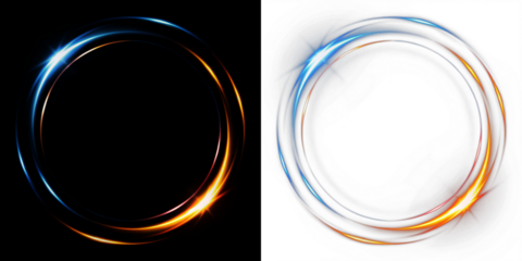 Vibrant circular light overlay with glowing blue and orange accents on contrasting black and white backgrounds, perfect for creative design projects and digital artwork enhancement