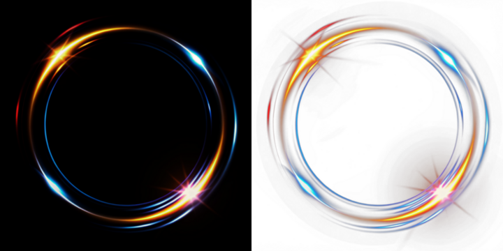 Colorful light ring overlay with glowing effects on black and white backgrounds, perfect for creative design projects and digital artwork enhancement