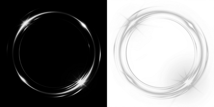 Circular light overlay with sparkling effects on contrasting backgrounds, creating a dynamic visual element for design projects and artistic compositions