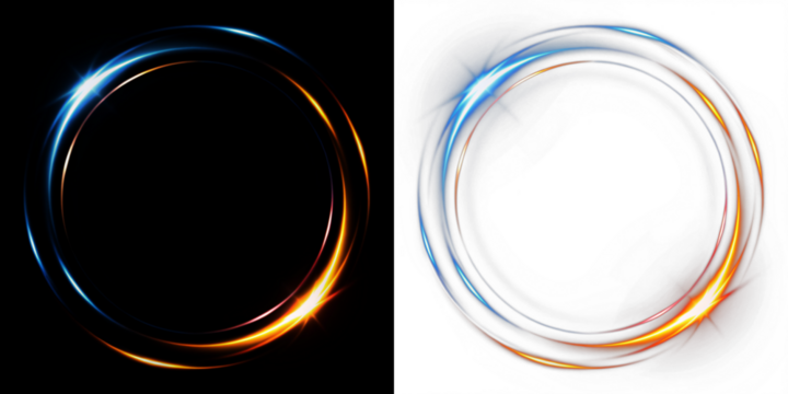 Vibrant circular light overlay with glowing blue and orange accents on contrasting black and white backgrounds, perfect for creative design projects and digital artwork enhancement