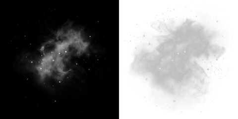 Abstract black and white png overlay featuring ethereal smoke and stars, creating a mystical atmosphere with copy space for design applications and creative projects