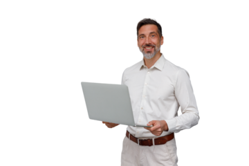 Mature businessman smiling, holding laptop, representing business innovation and remote work, with transparent background