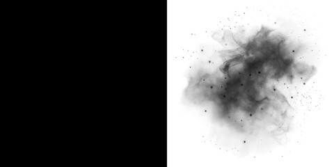 Abstract black smoke overlay with soft textures and scattered particles, creating a dramatic visual effect for artistic design and creative projects with copy space © POLINA