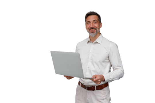 Mature businessman smiling, holding laptop, representing business innovation and remote work, with transparent background
