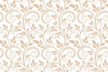 Elegant beige floral swirl seamless pattern with delicate leaf vines and soft ornamental curves, ideal for luxury wallpaper, textile prints, invitations, and classic decorative backgrounds.
