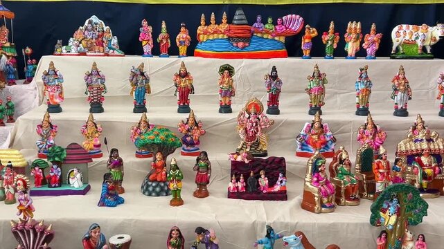 Close-up shot of a Dussehra or Dasara toys arranged for the celebration