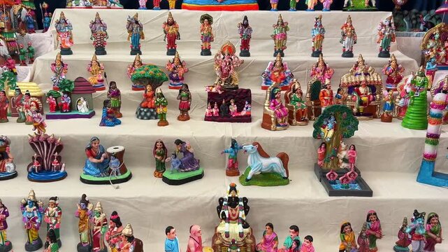 Close-up shot of a Dussehra or Dasara toys arranged for the celebration