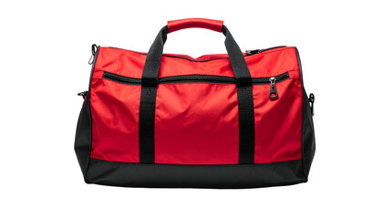 A vibrant red and black duffel bag, ideal for travel or gym, isolated on a dark background