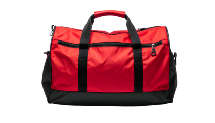 A vibrant red and black duffel bag, ideal for travel or gym, isolated on a dark background