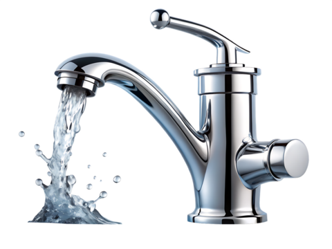 Chrome kitchen faucet with running water splashing isolated on white background