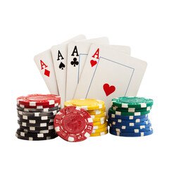 Four aces and a pile of colorful poker chips arranged for a casino theme, isolated on a transparent background