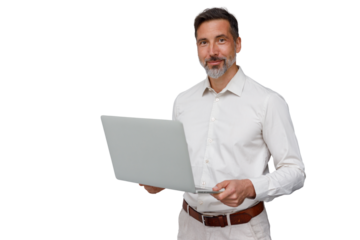 Smiling male professional holding laptop, presenting successful business solutions, transparent background
