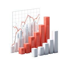 Financial growth concept, 3D bar and line graphs with stock market data visualization, isolated on a transparent background
