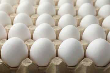Many raw chicken eggs in egg carton, closeup
