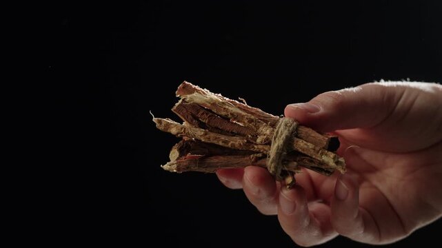 Licorice roots close-up. Herbal detox tea or aroma stick for spa meditation. 