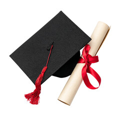 Flat lay of graduation cap and diploma scroll with red ribbon, isolated on a transparent background (2)