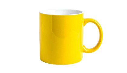 A vibrant yellow mug with a curved handle, isolated against a black background