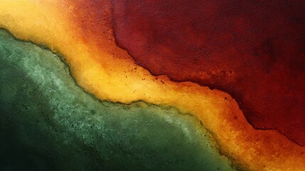 Abstract painting showing a blend of green, yellow, and red colors, creating an autumnal and warm atmosphere with a textured and artistic feel