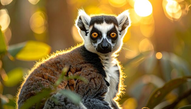 A ring-tailed lemur gazes forward, its fur backlit by golden sunlight filtering through a bokeh-filled forest. It?s positioned amidst vibrant green leaves