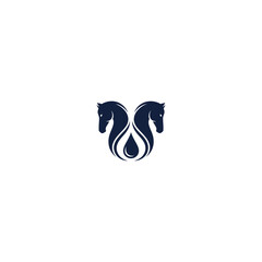 Symmetrical horse heads encasing teardrop shape in dark blue outline