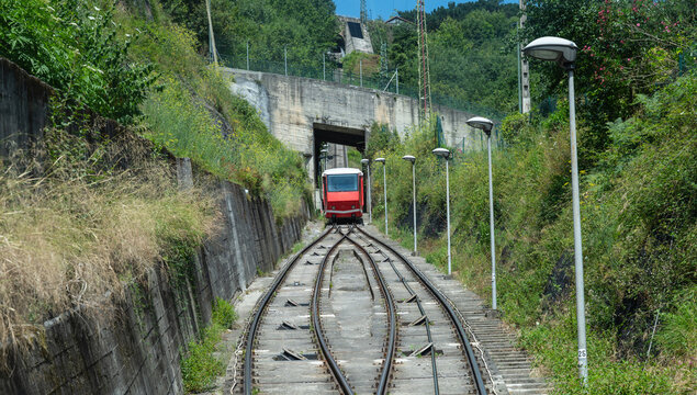 Red Cable Car on Track in Bilbao Spain