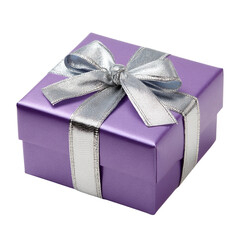 beautifully wrapped purple gift box with a shiny silver ribbon and bow, isolated on a transparent background (4)