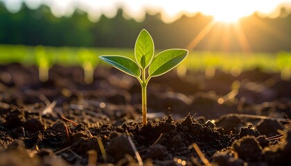 A single seedling with three green leaves emerges from dark soil. The sun shines brightly in the background. Rows of crops extend towards the horizon