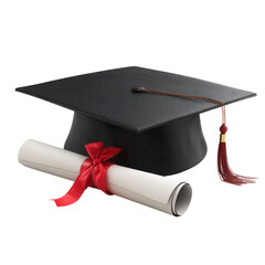 Black graduation cap placed beside rolled diploma tied with red ribbon, high resolution, isolated on a transparent background  (2)