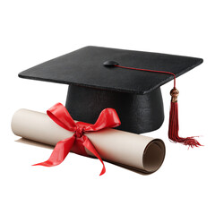 isolated on a transparent background - Black graduation cap placed beside rolled diploma tied with red ribbon, high resolution, isolated on a transparent background  (3)