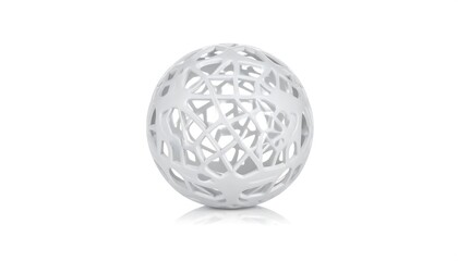 A spherical, white, geometric object with an open, latticework structure. Its smooth surface reflects the light on a white backdrop, creating a shadow
