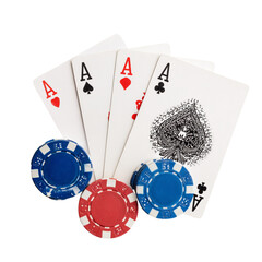 Four aces and a pile of colorful poker chips arranged for a casino theme, isolated on a transparent background (3)