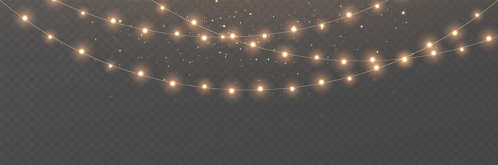 Christmas gold light background. Fairy bulb, banner. New Year luxury string garland. Winter party frame. Led neon line baubles. Festive border. Glow lamp bg. Glitter bright lamp. Vector illustration © Liubov