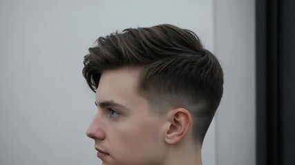 Young man with stylish haircut posing against a neutral background, showcasing modern grooming trends
