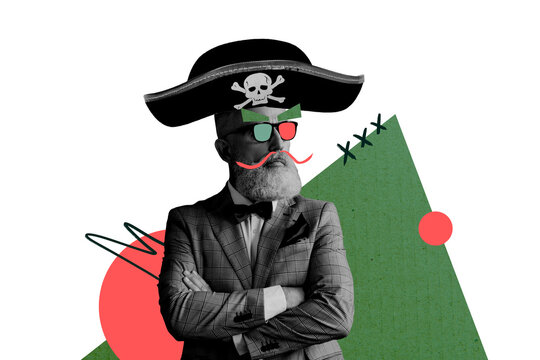 Fototapeta Composite trend artwork 3D sketch photo collage of caricature aged man happy hallowing costume pirate headwear eyeglasses beard mustache