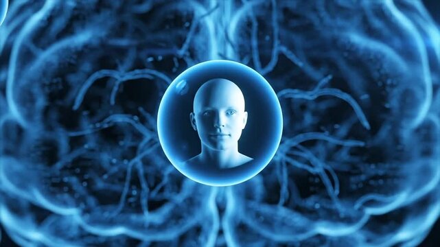 A hyperreal 3D animation of glowing orbs drifting through a translucent digital brain, each orb flickering with holographic faces and fragmented memories.