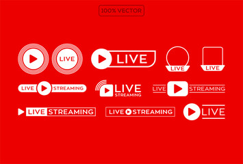 Live stream button set. Live icon set. Vector illustration. on red background