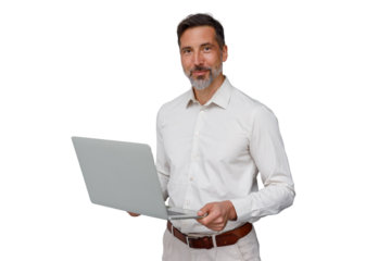Man businessman using laptop smiling at camera, confident professional on transparent background