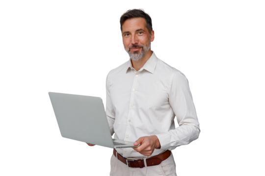 Man businessman using laptop smiling at camera, confident professional on transparent background - Powered by Adobe