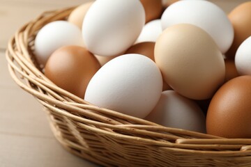 Many raw chicken eggs in wicker basket on wooden table, closeup