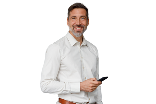 Smiling businessman holding smartphone, expressing confidence and digital connection with transparent background - Powered by Adobe