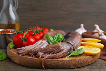 Raw squids, tomatoes, lemon slices and basil on wooden table, closeup. Space for text